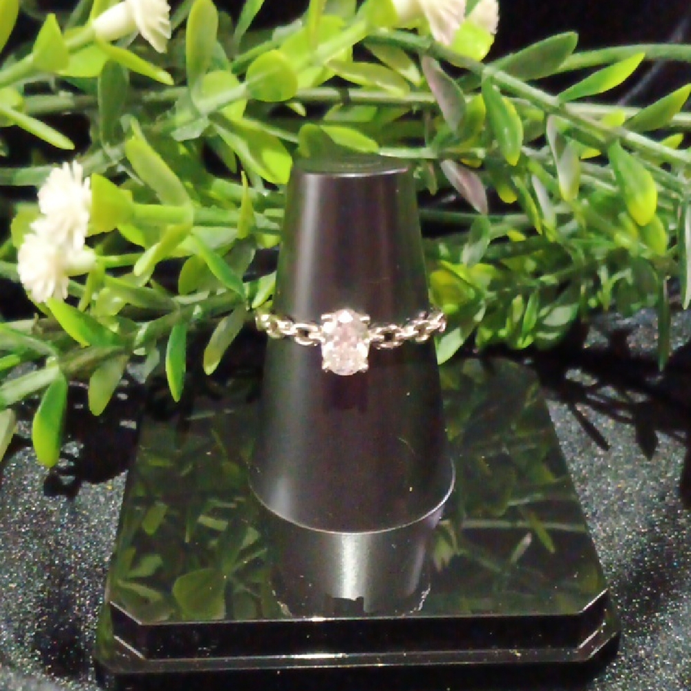 Cuban Link Style Band Oval Moissanite Solitare Sterling Silver Sz 7